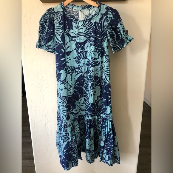 Hand made cotton Maxi-Midi floral tropical dress in torqoise blue•Fits like Med - Picture 6 of 12